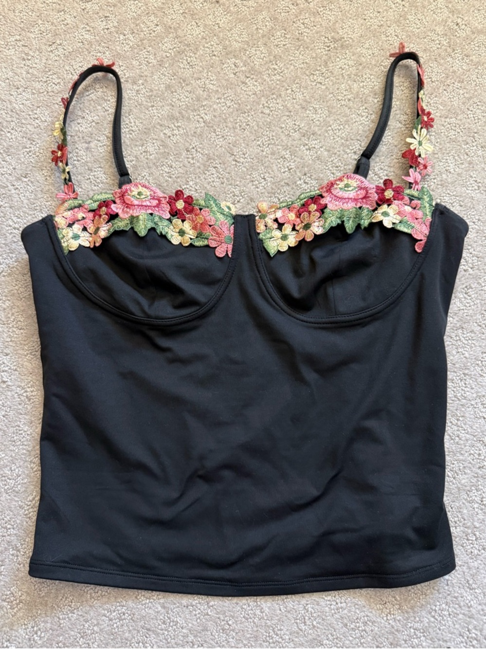 Floral Embroidered Black Top Stretchy Fairycore Whimsical Fairy Cottagecore LG